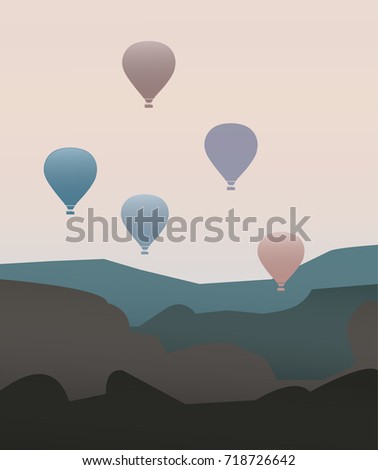 Hot air balloons above mountain at sunrise vector illustration