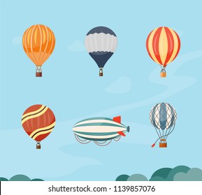 Hot air balloons and airship vector illustration travel. Summer ballooning adventure cartoon hotair freedom.