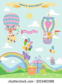 hot air balloons with animals birthday card template with presents vector illustration on blue sky