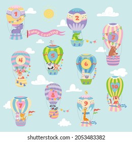 Hot air balloons with animals counting on the sky on blue background Vector illustration
