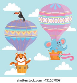 Hot air balloons with animals. Elephant and tiger Vector illustration