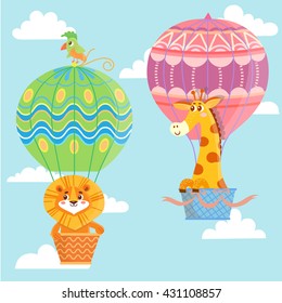 Hot air balloons with animals. Giraffe and lion.  Vector illustration