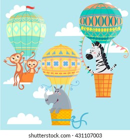 Hot air balloons with animals. Monkeys, rhinoceros and zebra.  Vector illustration