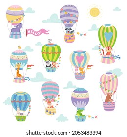 Hot air balloons with animals on the sky on white background Vector illustration