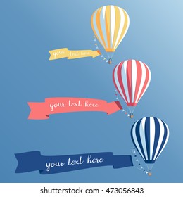 Hot air balloons with banners flying in the sky, colorful hot air  balloons set with ribbons  vector illustration