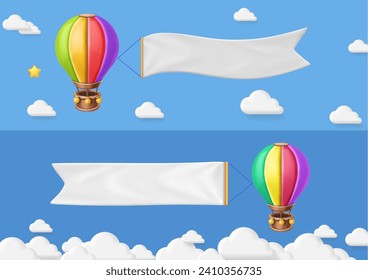 Hot air balloons with blank banner in blue sky. Advertising banners set with cartoon 3d aerostat and clouds. Vector illustration