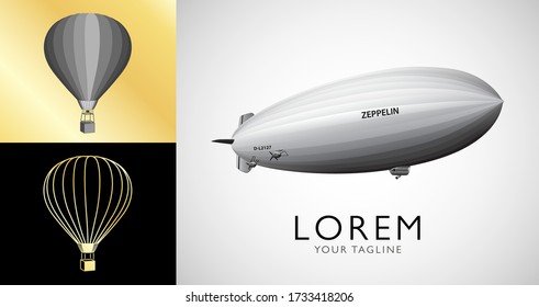 Hot air balloons and blimp. Vintage airship Zeppelin. Dirigible balloon. Vector illustration