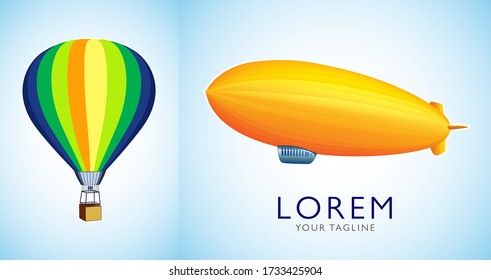 Hot Air Balloons And Blimp. Vintage Airship Zeppelin. Dirigible Balloon. Vector Illustration