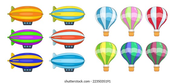 Hot air balloons and blimps vector illustrations set. Collection of cartoon drawings of different colorful air transports isolated on white background. Aircraft, transportation, traveling concept