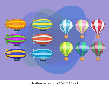 Hot air balloons and blimps vector illustrations set. Collection of cartoon drawings of different colorful air transports on abstract background. Aircraft, transportation, traveling concept