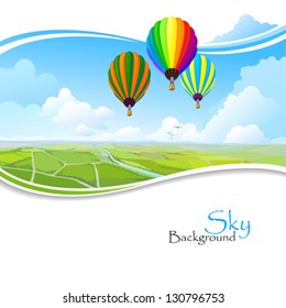 Hot air balloons , Blue sky and Green fields