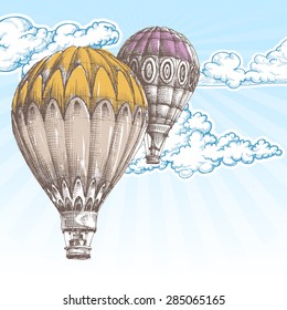 Hot air balloons in the blue sky retro background
