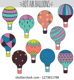 Hot Air Balloons, Bright Color, freehand illustration, transportation, nursery, flying, air, floating, pattern, texture, hearts, cloud, stars, striped, patch work, vintage, kids, travel, vector, fun