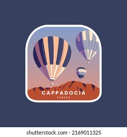 Hot air balloons in Cappadocia Turkey landscape emblem badges patch vector illustration.