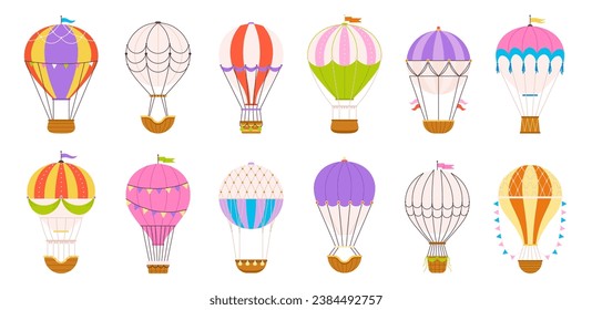 Balones de aire caliente elementos de dibujos animados. Aeronaves antiguas, aventuras voladoras y transporte de estilo retro. Transporte aislado para viajes en cielo, clíparte vectorial de rancia