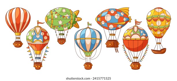 Hot Air Balloons Cartoon Vector Set. Colorful, Buoyant Aircraft Filled With Heated Air. Providing Aerial Experience