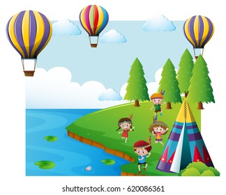 Hot air balloons with children camping