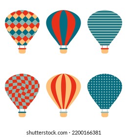 Hot air balloons clipart collection  in simple retro style. Perfect for posters, greeting cards, T-shirt, stickers and print. Isolated vector illustration for decor and design.
