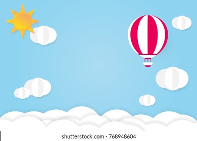 Hot Air Balloons With Cloud On Blue Sky Background. Vector