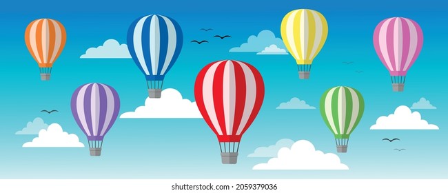 Hot Air Balloons with Clouds and Birds Background Daylight background with isolated colorful hot air balloons and clouds Clean Environment Transportations Colorful Flying Balloons Vector Sky Landscape