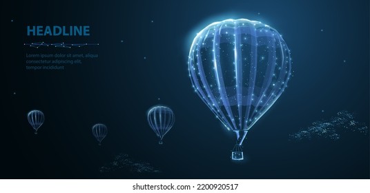 Hot air balloons and clouds on blue night sky backgrownd. Airship craft, fantasy journey, travel concept. Dream symbol. 3d low pole illustration. Follow four dream concept for slogan