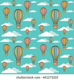 Hot air balloons and clouds sky seamless vector pattern.