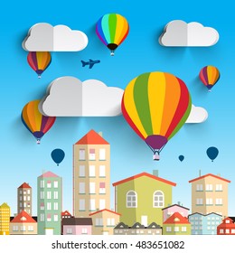 Hot Air Balloons with Clouds Vector Illustration with Houses on City