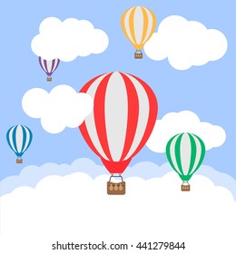 Hot air balloons in the cloudy sky. Flat design vector illustration