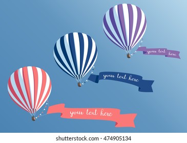 Hot air balloons collection with banners flying in the blue sky bottom view, striped hot air  balloons with ribbons vector illustration