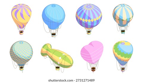 Balões de ar quente coleção com diferentes formas, cores e padrões decorativos. Vetor viagem aérea, aventura e símbolos de fantasia. Diversão de verão ao ar livre e lazer para férias ou viagem