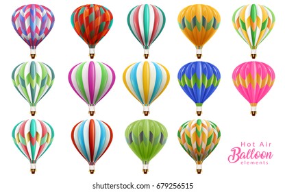 Hot air balloons collection set, colorful balloons in 3d illustration isolated on white background