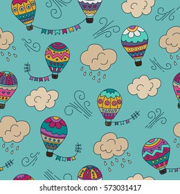  Hot air balloons. Color seamless pattern. Vector hand drawn doodle cartoon