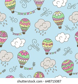 Hot air balloons. Color seamless pattern. Vector hand drawn doodle cartoon