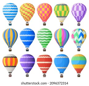 Hot air balloons, colorful flying vintage airships. Air journey sky transport, hot airy sphere flying vehicle vector illustration set. Retro hot air balloon. Summer activity transportation