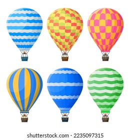 Hot air balloons, colorful flying vintage airships. Sky vehicle for adventure, traveling activity. Airship journey or trip on colorful transport. Lifting aircraft fro exploration isolated vector set