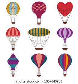 Hot air balloons colorful set. Vintage gas balloons with different shapes and patterns. Air craft adventure, exploring colored retro airships icons. Romantic flight trip, touristic ballooning journey.