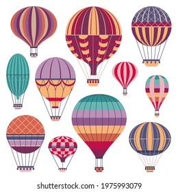 Hot air balloons colorful set. Vintage striped gas balloon icons in flat design.