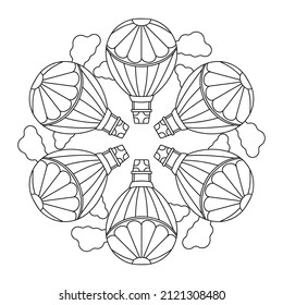 Hot Air Balloons Coloring book page, Mandala. Vector Contour drawings for design.