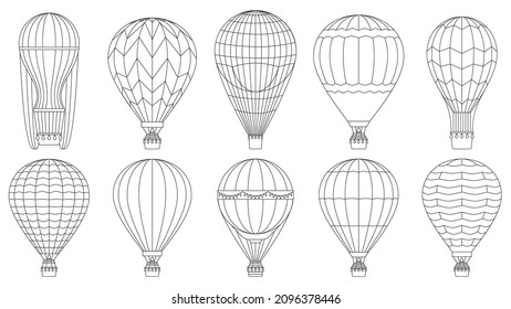 Hot air balloons, colouring page flying linear air balloons. Retro air balloon, flight tourism sky transport vector symbols set. Flying hot air balloon icons. Vehicles with basket for children