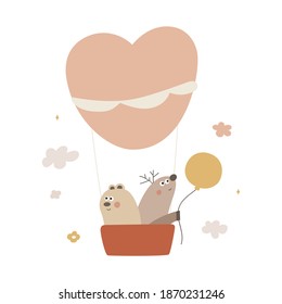Hot air balloons with cute baby animals. Best for nursery, greeting card and baby clothes. Hand drawn illustration on white background.