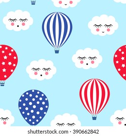 Hot air balloons with cute clouds seamless pattern. Bright colors hot air balloons design. Baby shower vector illustrations on blue sky background. Polka dots and stripes. Child drawing style.