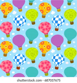 Hot air balloons with cute clouds pattern. Bright colors hot air balloons design.