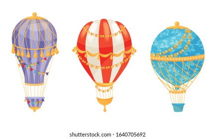 Hot Air Balloons Decorated with Flag Garlands Flying in the Air Vector Set