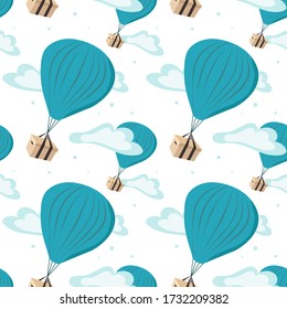 Hot air balloons with delivery boxes. Seamless pattern of shipping goods by air.