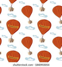 Hot air balloons with delivery boxes. Seamless pattern of shipping goods by air.