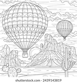 Hot air balloons in the desert.Coloring book antistress for children and adults. Illustration isolated on white background. Hand draw