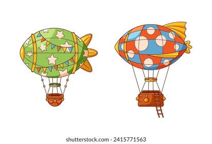 Hot Air Balloons or Dirigibles, Buoyant Aircraft Filled With Heated Air, Enabling Them To Ascend. Cartoon Illustration