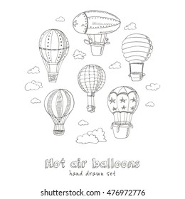 Hot Air Balloons doodle set. Vintage illustration for identity, design, decoration, packages product and interior decorating