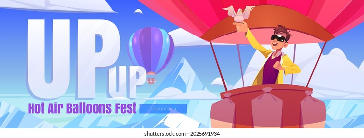 Hot air balloons fest cartoon web banner, travel