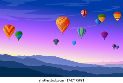 Hot air balloons festival. Mountain landscape. Vector illustration